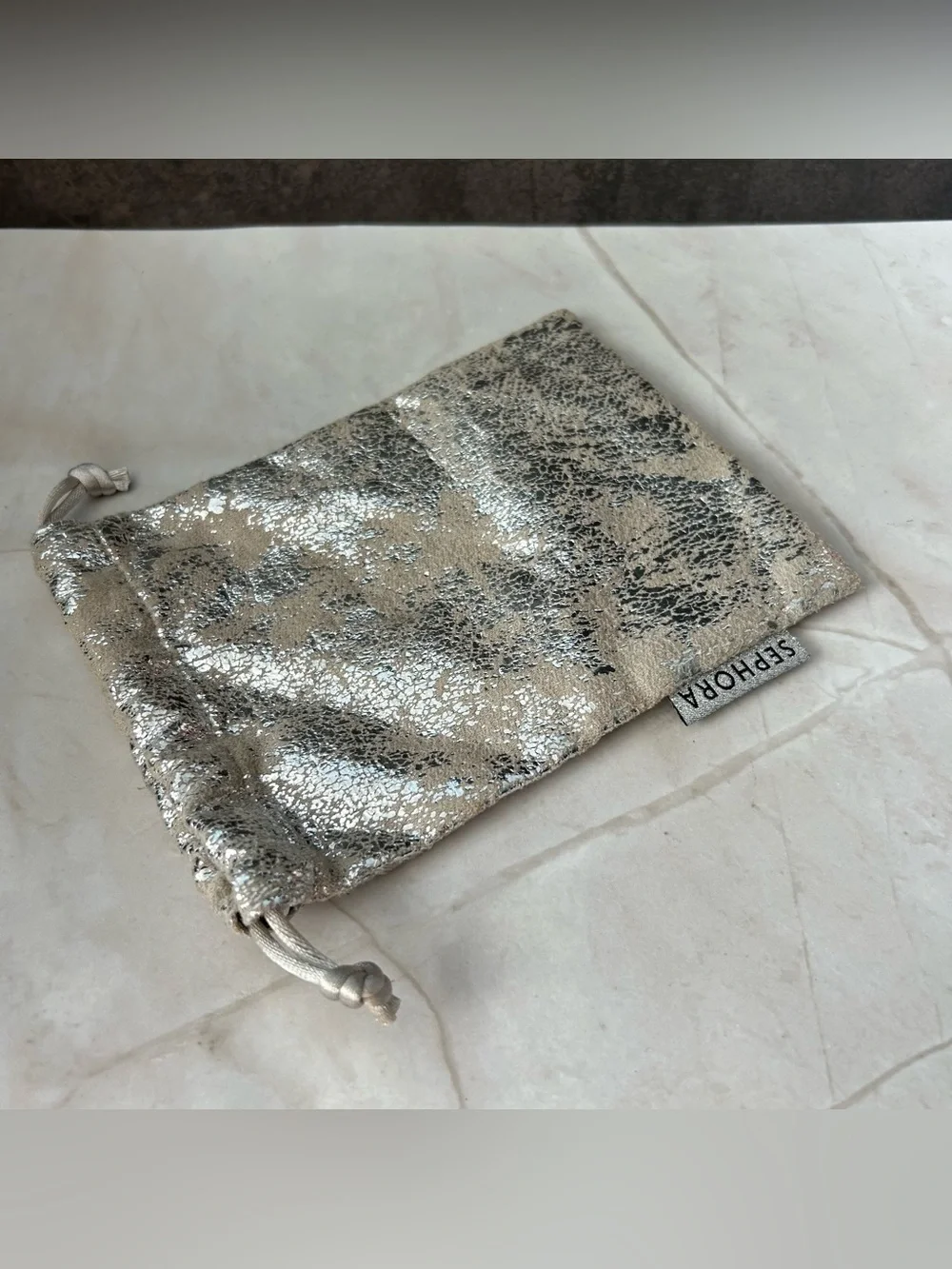 Sephora Silver Metallic Crackle Drawstring Pouch